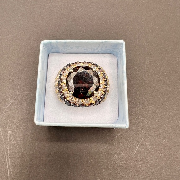 925 Sterling Silver Garnet & CZ Statement Ring-Size 9-Gold Vermeil-Maker’s Mark